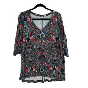 Women's Artisian‎ NY Paisley Multicolored Top 1X vneck 1/2 sleeve slit back